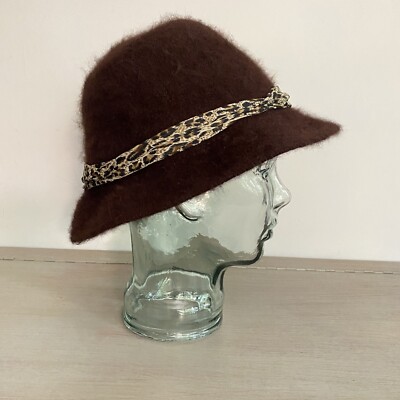Cloche Women s Hat Rabbit Hair Blend One Size In Chocolate Brown Leopard Band