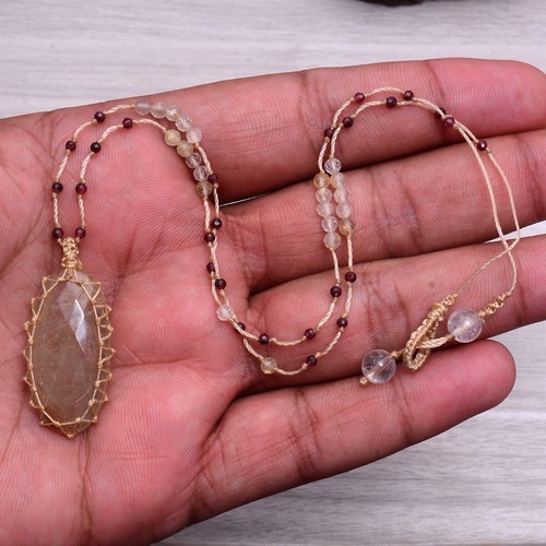 Hand Crafted Natural Rutile Quartz Checker Cut Boho Macrame Beaded Necklace - Picture 12 of 14