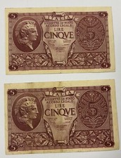 Italy two  5 Lire 1944 Banknotes consecutively numbered