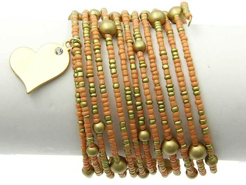  Wrap Coiled Bracelet Memory Wire Fashion Funky Orange Heart Charm Gold-tone  - Picture 1 of 2