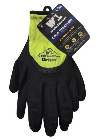 2 Pk Wells Lamont Men Nitrile Coated Cold Weather Grips Lined Work Gloves (L/XL)