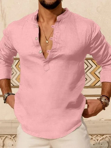 Herren V-Ausschnitt Bluse Baumwolle Leinen Shirt Tops Langarmshirt lose Freizeithemden - Bild 8 von 26