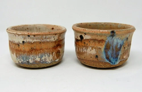 2 Small Drip Glaze Art Pottery Hand Thrown Stoneware Bowl Vase Dish Signed "MT"