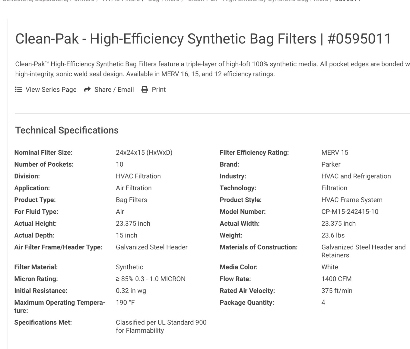 *NEW CASE OF 4* Parker 0595011 Clean-Pak High-Efficiency Synthetic Bag ...
