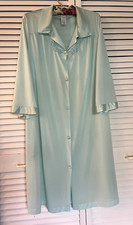 Vintage VANITY FAIR Aqua Robe Silky Nylon Pocket 3/4Sleeve Embroidered Sz L/G