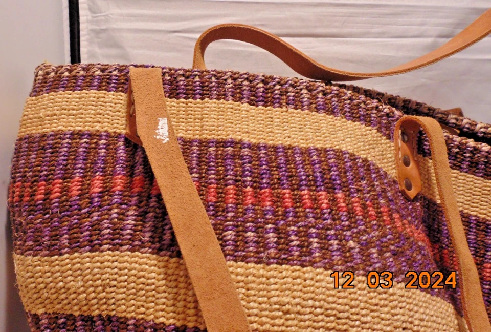 Винтажная джутовая сумка-тоут Sisal Market сплетенная сумка-ведро кожаные ремни - Изображение 2 из 4