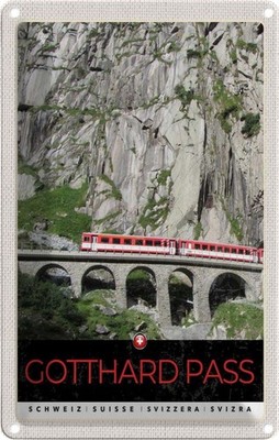 Blechschild 18x12 cm Gotthard Pass Schweiz rote Lokomotive Bildmotiv Reisemotiv 