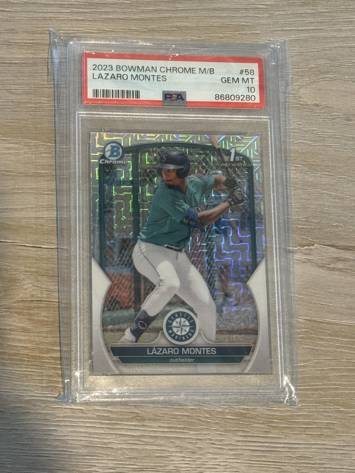2023 Bowman Chrome #BCP-58 Lazaro Montes 1st Mojo Refractor Mariners PSA 10
