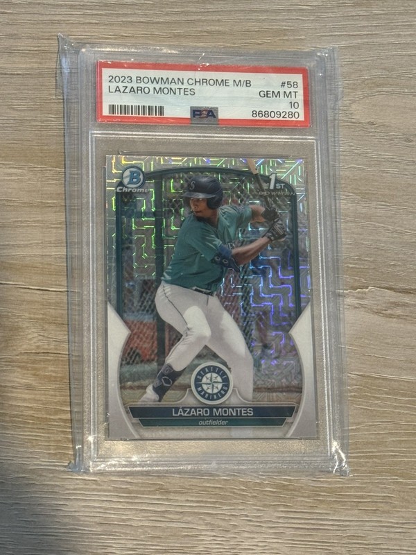 2023 Bowman Chrome #BCP-58 Lazaro Montes 1st Mojo Refractor Mariners PSA 10