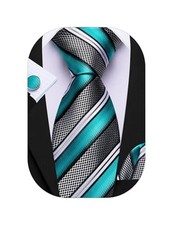 Barry.Wang Man Stripe Ties Set Silk Pocket Square Necktie Cufflinks Black Teal