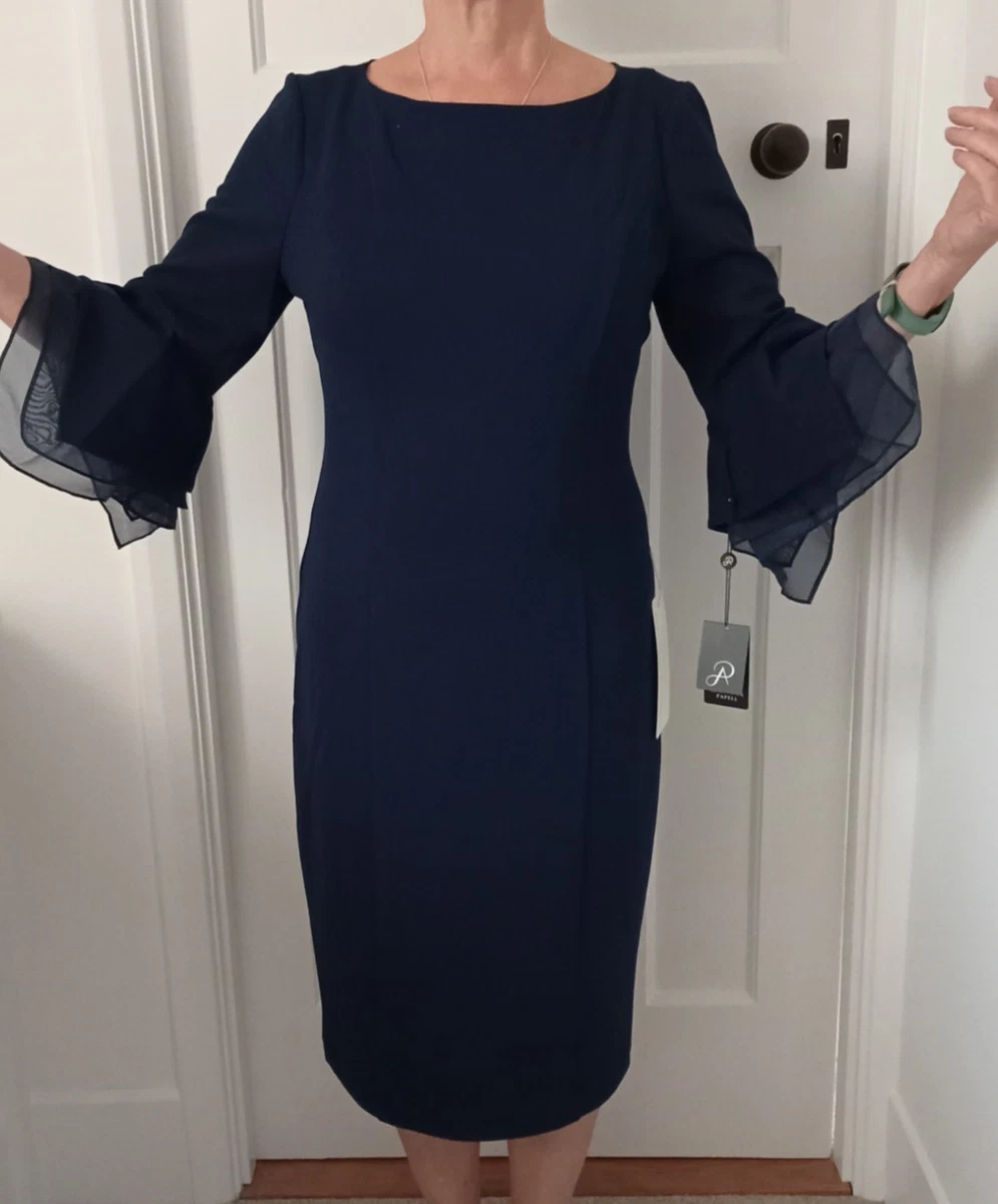 Vestido Adrianna Papell azul crepé manga en capas. Talla 12. Nuevo con etiquetas.