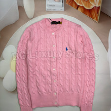 POLO RALPH LAUREN Women  s M Pink Cable Knit Cardigan Sweater Blue Pony Logo
