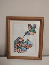 Vintage Color Pencil Art Hummingbird Flower Framed Picture