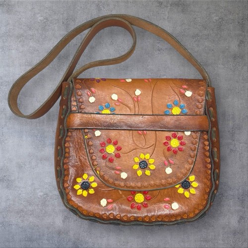 Vintage 70s Handmade Leather Shoulder Bag Painted Flowers Whipstich Retro Hippie