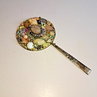 Vtg Handcrafted Handheld Mirror Bejeweled Ladies Mosaic Jewelry Shells Stones 4''