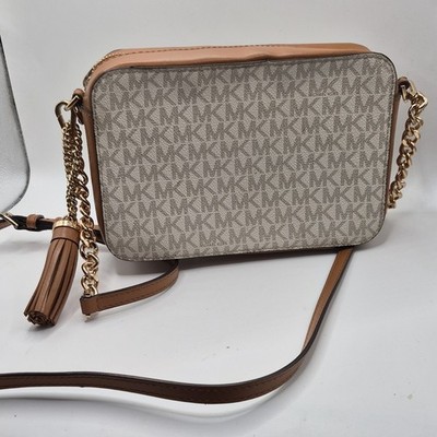 Michael Kors Brown Beige Logo Crossbody Bag Gold Chain Tassel Designer Women