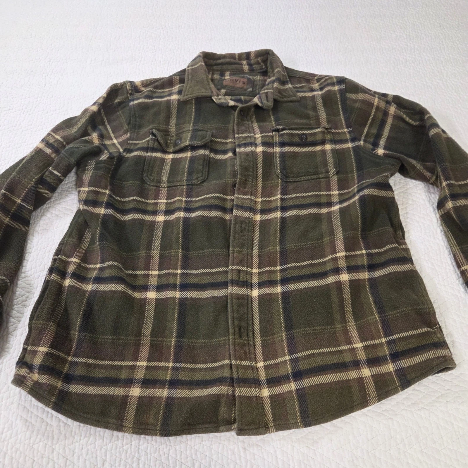 Orvis Mens XL Green Plaid Fleece Flannel Button Up Shirt Long Sleeve Outdoors