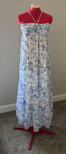 Skies Are Blue Small Blue White Floral Maxi Dress Strapless Halter Tiers Boho