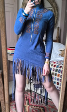 Unique Vintage Embroidered Faux Suede Fringed Tassle Cowboy Mini Dress 10
