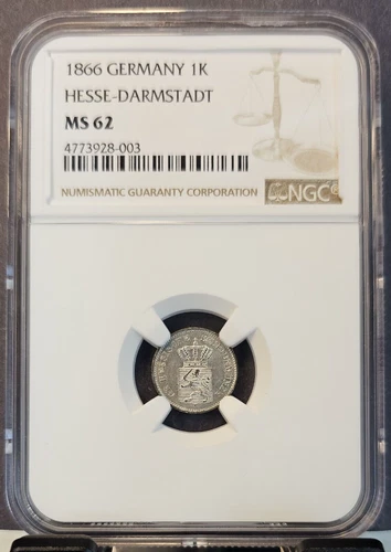 1866 GERMANY SILVER KREUZER 1K HESSE DARMSTADT NGC MS 62 BRIGHT LUSTER SCARCE