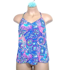 Lilly Pulitzer No Prob Llama Women Silk Tank Top Large Blue Pink Racerback Dusk