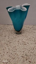 Vintage Aqua Blue And White Art Glass Vase Square Base 