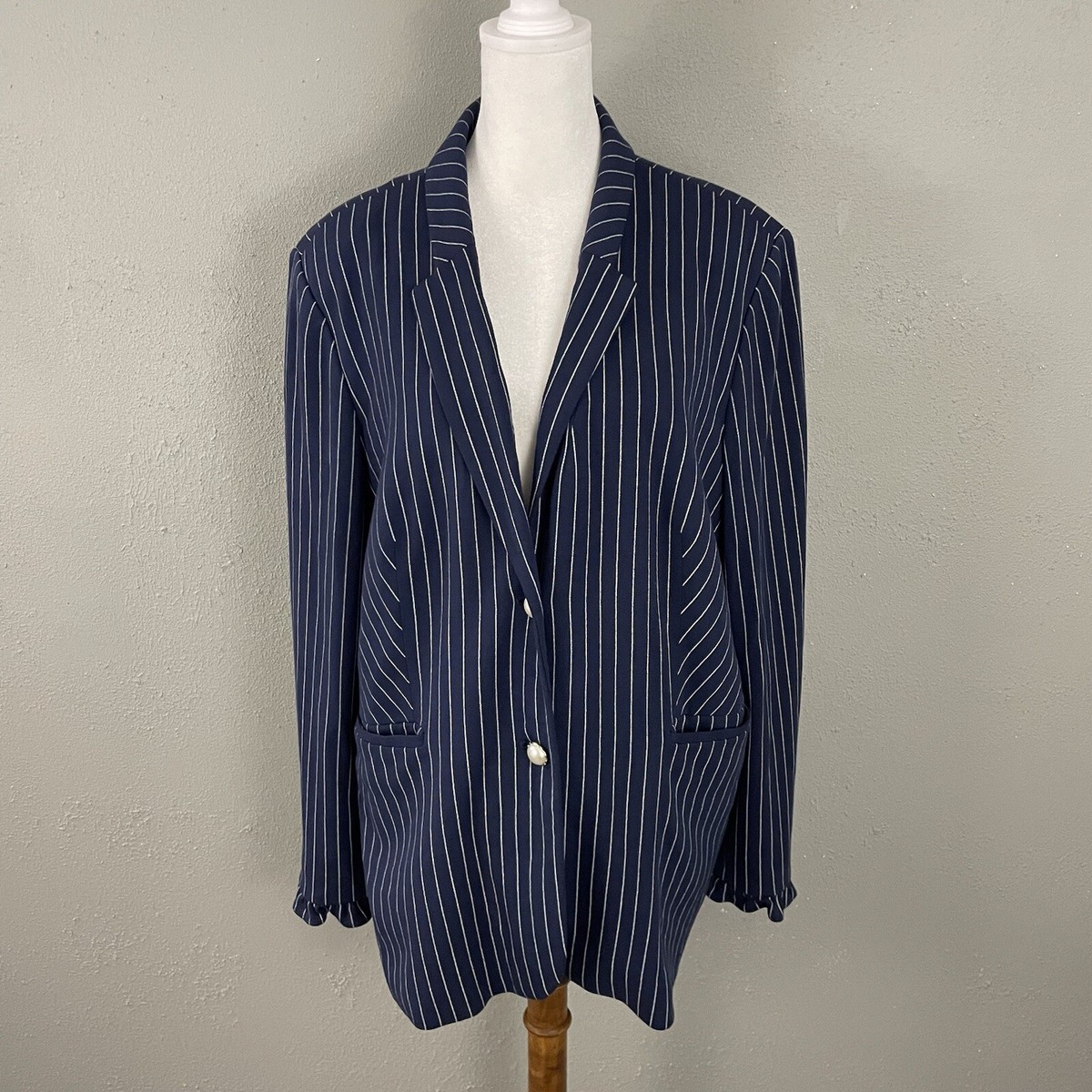 CHICOS Stretch Knit Blazer Size 3 Navy Blue Stripe Pearl