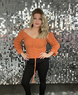 Women Orange Drawstring Ruched Off The Shoulder Crop Top Womens Clothing  Shirt