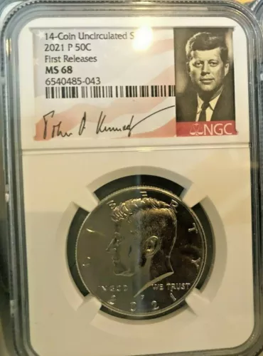2021 P 50c Kennedy Half DOLLAR NGC MS 68 FIRST REALEASES SIGNED PORTRAIT LABEL