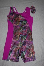 Girls Shorts Leotard Unitard PURPLE MULTI-COLOR HELIX DESIGN Silver Star M 7-8