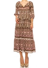 Maison Tara Flowy Geometric Print Faux Wrap Midi Dress Size 4 Pink Brown