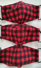 USA 3 RED BLACK FARM BUFFALO PLAID CHECK FABRIC ADJUSTABLE FACE MASK ADULT SIZE