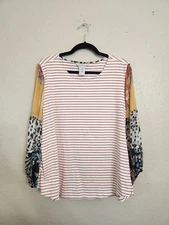 Multiples Women's Red White Striped Round Neck Balloon Sleeve Blouse Size Large