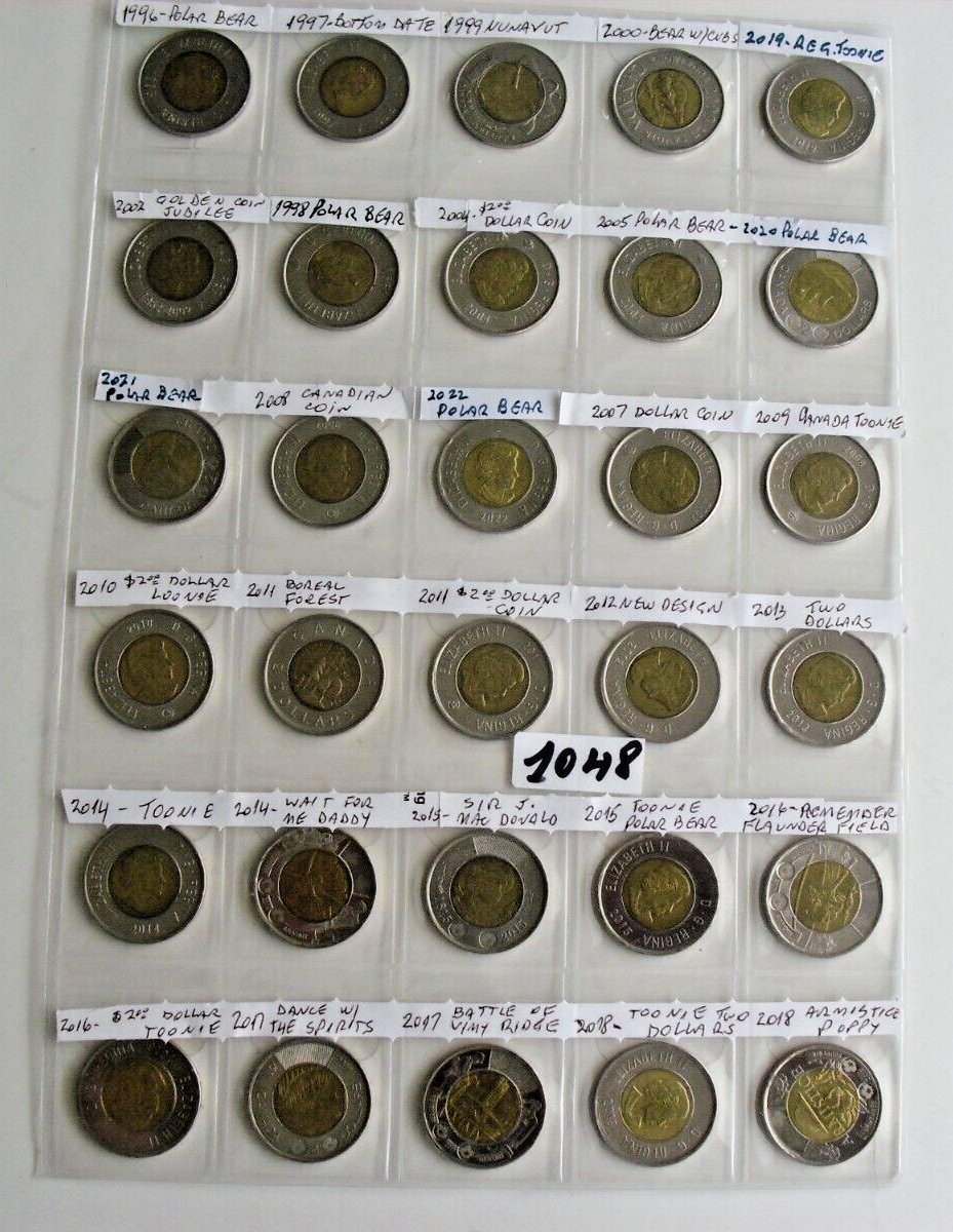 30 Canadian Toonies all different in collector sheet $2 Canada coin ...