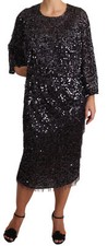 DOLCE & GABBANA Dress Black Sequined Long Sleeve Shift Midi IT42/US8/M $12350