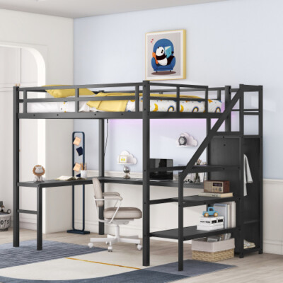 Metal Loft Bed with Desk Wardrobe Storage Shelves Staircase Full Size Bed Frames