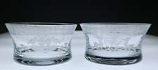 Pair Vintage Bohemian Engraved Small Serving Bowls Deer Stag Birds Queen Lace