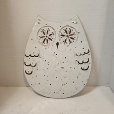 White Wide Eyed Owl 12" Trivet Glazed Gold Accent Terracotta Hand Made Portugal