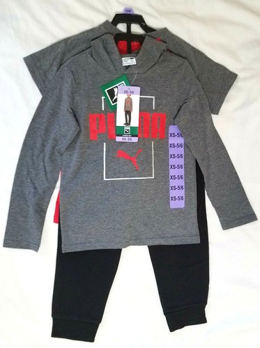 PUMA Kid's Grey Red Black Tshirt Hoodie Pants 3-Piece Set Size XS 5/6 NEW - Picture 2 of 11