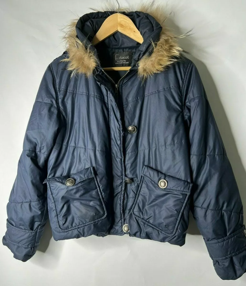 Estacot Japanese Brand Faux Fur Collared Winter Puffer Jacket Blue Women s Small
