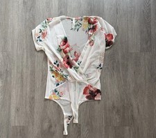 Floral Print Wrap Bodysuit - Cream and Red Size Small