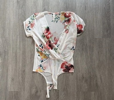 Floral Print Wrap Bodysuit - Cream and Red Size Small