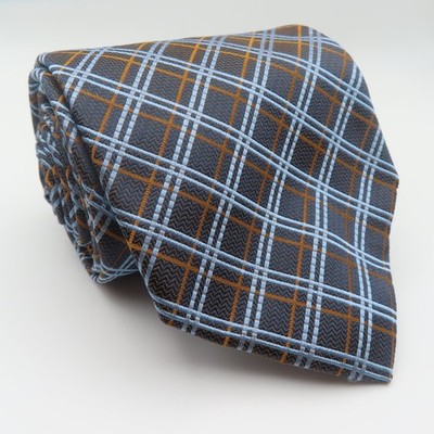 Enzo Bella Tie Silk Blue Orange Check 3.75'' Wide 56'' Long Italy