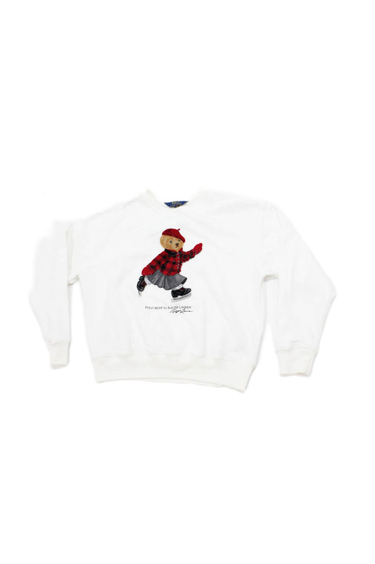 Polo Ralph Lauren Girls Crew Neck Plaid Ice Skating Bear Sweater White Size 16