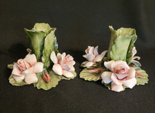 Pair of Capodimonte Porcelain Floral Rose Candle Holders, Italy