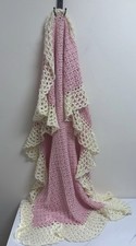 Handmade Crochet Baby Blanket Pink Cream Ruffle Border Soft Yarn 44"x29"