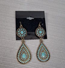 Dangle Earrings Boho Faux Turquoise Bronzed Metal 2 Inches Long