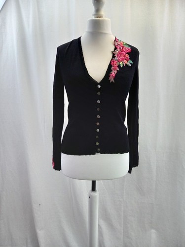 Karen Millen Black Stretchy Cardigan Pink Embroidered Flowers Size 3 12/14 Ex Co - Picture 15 of 18