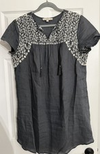 Loft Dress/ Tunic  Womens Large Gray- White Embroidered Linen Boho Tassel