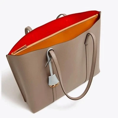 Tory Burch Perry Tote Bag Gray Taupe Leather Large Shoulder Bag A4 Women Japan - Image 1 of 4